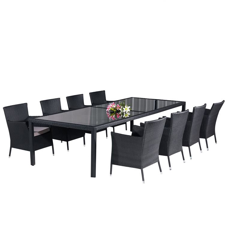 Discount 6 Seater Round Cheap Resin Black Wicker Outdoor Furniture Rattan Dining Set with Glass Top